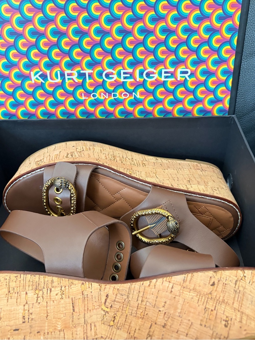 *LIKE NEW* Kurt Geiger Mayfair Brown Cork Wedge Sandals with Antique Gold Buckle